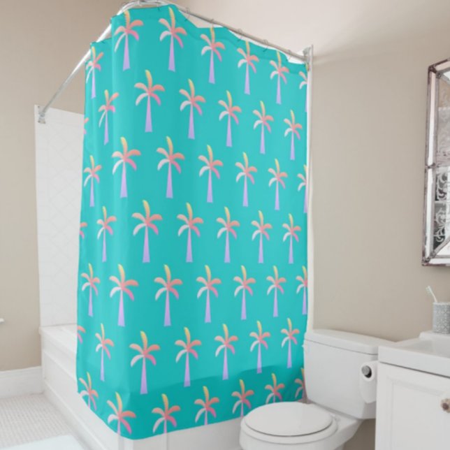  Palm Springs Caribbean Blue Tropical Palm Tree Duschvorhang (Colorful palm trees while you shower!)