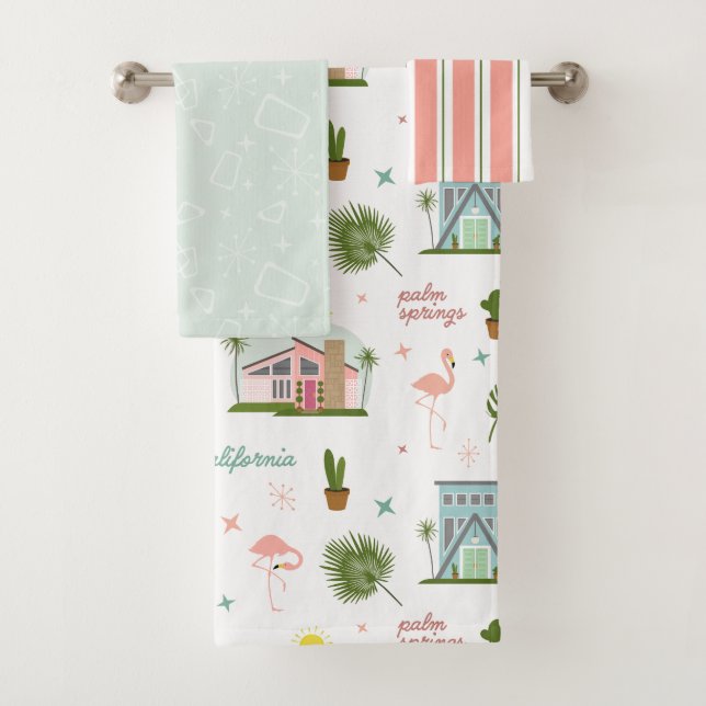 Palm Springs Pink House Cactus Flamingo Pattern Badhandtuch Set (Insitu)