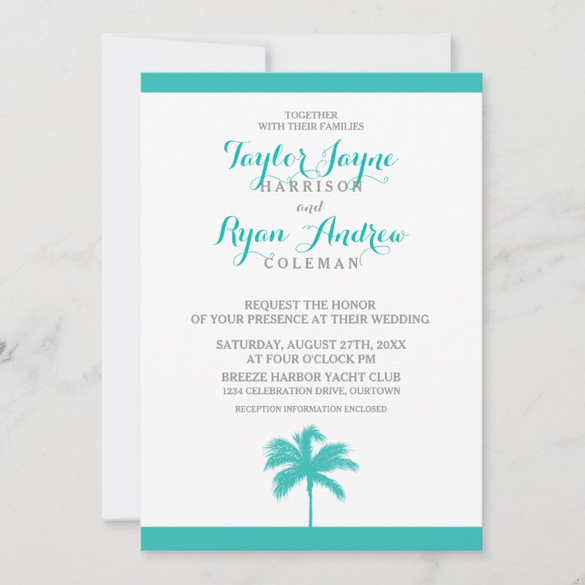 Palm Tree Aqua Gray Wedding Einladung (Vorderseite)