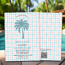 Palm Tree Azure Pink Checkered QR Code Bridal Einladung