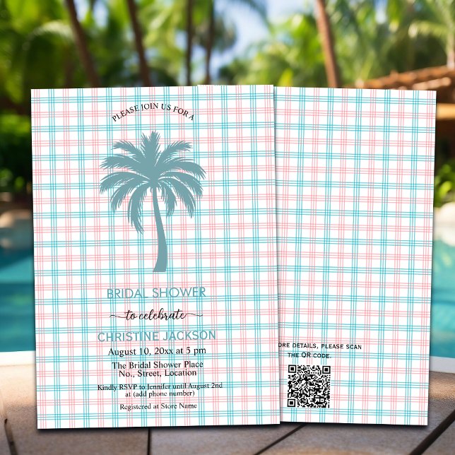 Palm Tree Azure Pink Checkered QR Code Bridal Einladung (Von Creator hochgeladen)