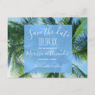 Palm Tree Beach Budget Hochzeit retten Termine Ankündigungspostkarte
