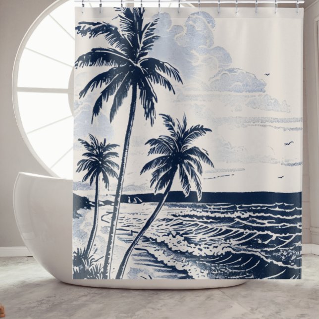 Palm Tree Beach Dusche Vorhang Badezimmer Dekorati (Vintage-style beach scene with palm trees and ocean waves in navy blue and soft blue tones.)