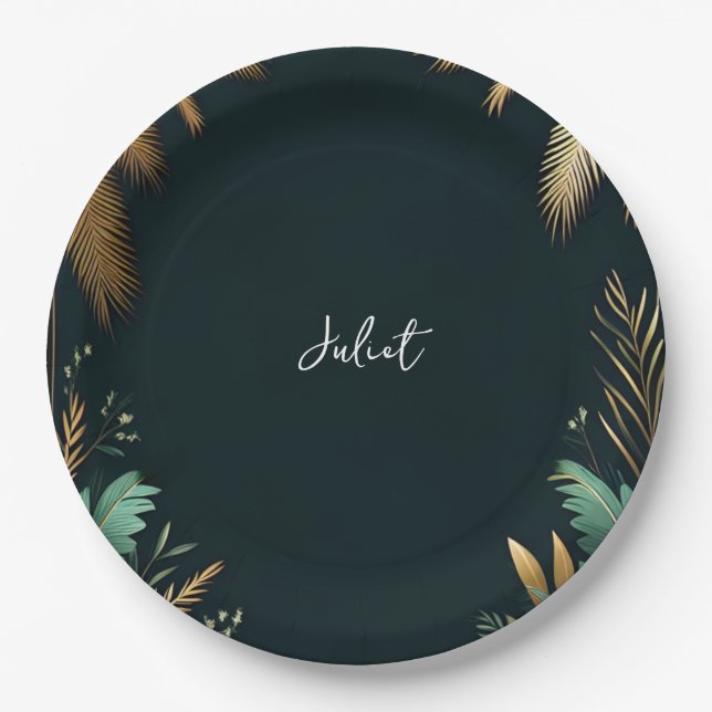 Palm Tree Beach Green und Gold Brautparty Pappteller (Vorderseite)