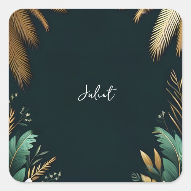 Palm Tree Beach Green und Gold Brautparty Quadratischer Aufkleber (Vorderseite)
