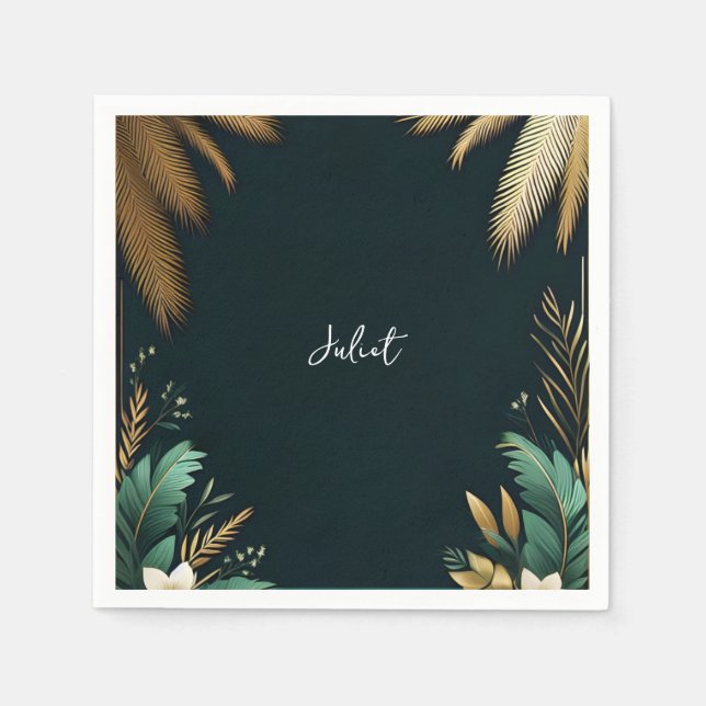 Palm Tree Beach Green und Gold Brautparty Serviette (Vorderseite)