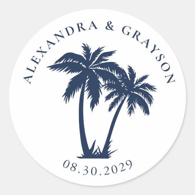 Palm Tree Beach Nautical Navy Hochzeit Runder Aufkleber (Vorderseite)