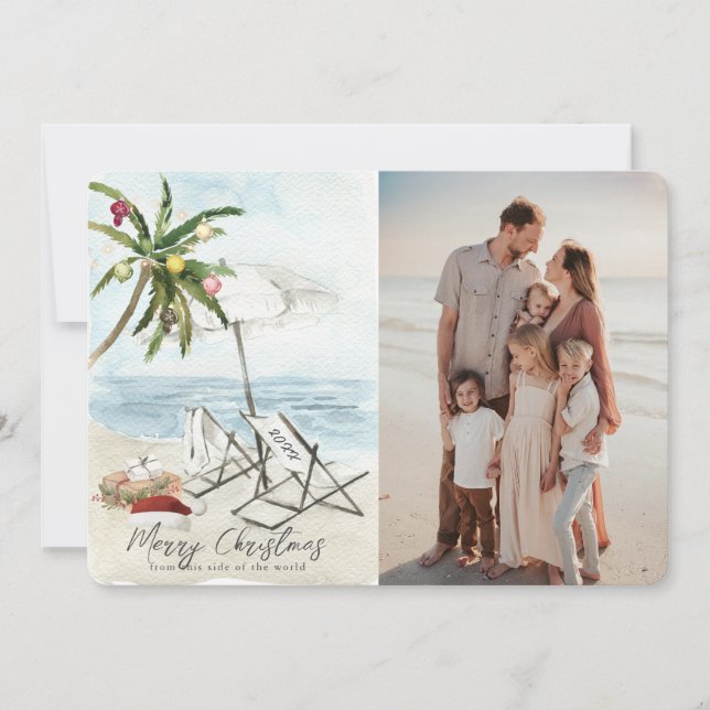 Palm Tree Beach Stühle Tropical Holiday Foto Card Einladung (Vorderseite)