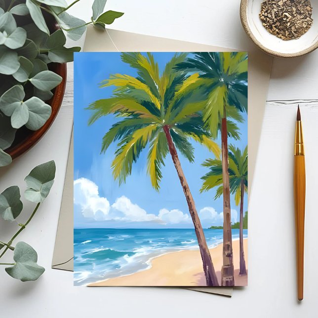 Palm Tree Beach | Tropical Watercolor Blue Card (Von Creator hochgeladen)