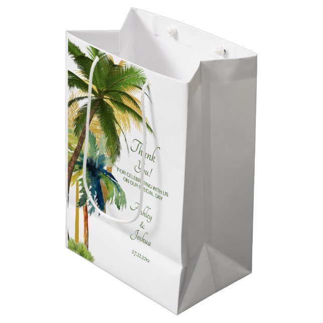 Palm Tree Beach Wedding Medium Geschenktasche Mittlere Geschenktüte (Vorderseite Schrägansicht)