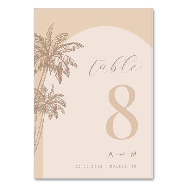 Palm Tree Beige Script Monogram Beach Wedding Tischnummer (Rückseite)