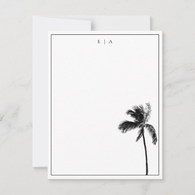 Palm Tree Black & White Minimalistisch Monogram Mitteilungskarte (Vorderseite)