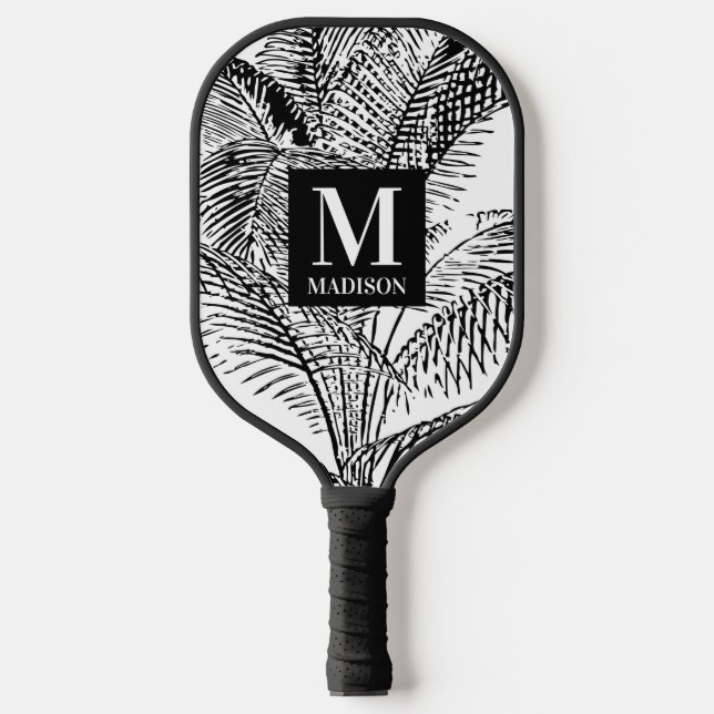 Palm Tree Blätter Schwarz-Weiß-Abstrakte Monogramm Pickleball Schläger (Vorderseite)