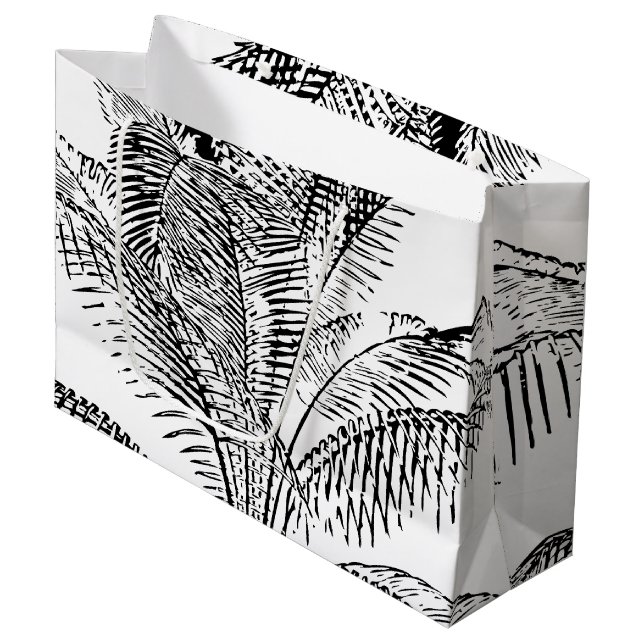 Palm Tree Blätter Schwarz-Weiß Abstraktes Muster Große Geschenktüte (Vorderseite Schrägansicht)