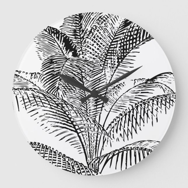 Palm Tree Blätter Schwarz-Weiß Abstraktes Muster Große Wanduhr (Vorderseite)
