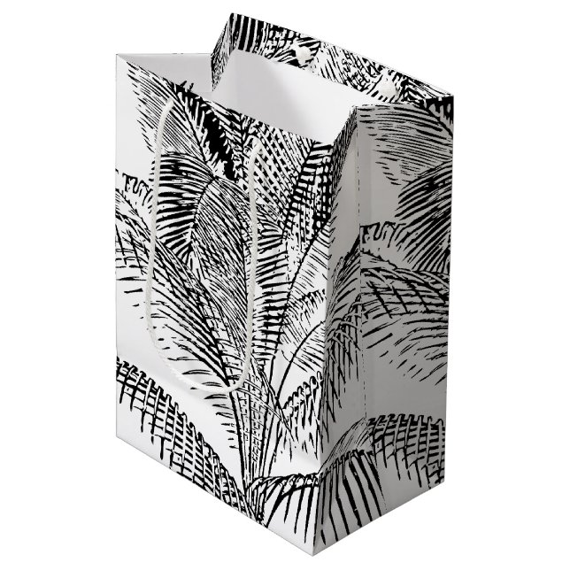 Palm Tree Blätter Schwarz-Weiß Abstraktes Muster Mittlere Geschenktüte (Vorderseite Schrägansicht)