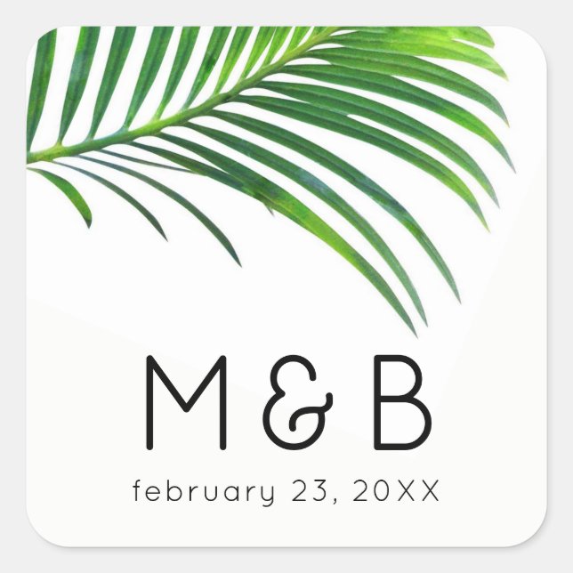 Palm Tree Blätter Tropisches Leaf Moderne Hochzeit Quadratischer Aufkleber (Vorderseite)
