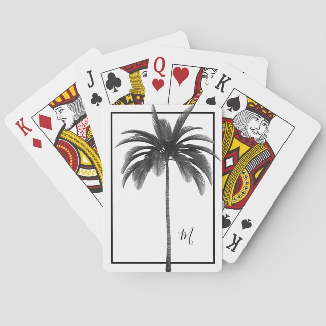 Palm Tree Blck White Tropical Elegant Monogram Spielkarten (Rückseite)