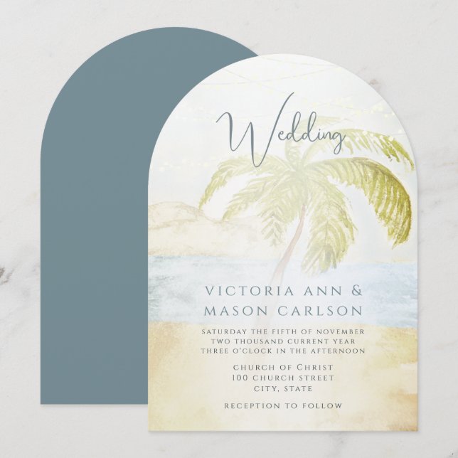 Palm Tree Blue Green Verzauberung Coastal Hochzeit Einladung (Vorne/Hinten)