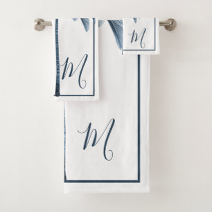 Palm Tree Blue Vintag Tropical Elegant Monogram Badhandtuch Set