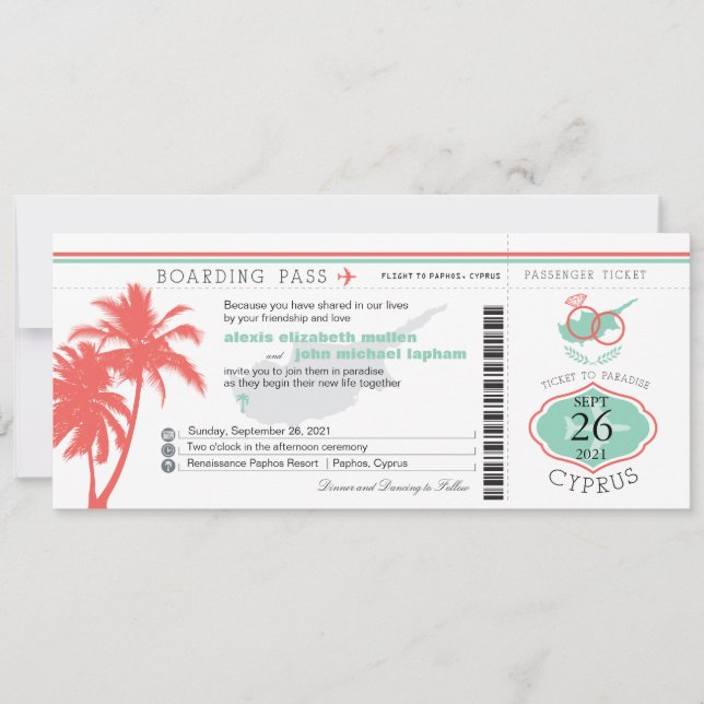 Palm Tree Boarding Pass auf Zypern Hochzeit Einladung (Vorderseite)