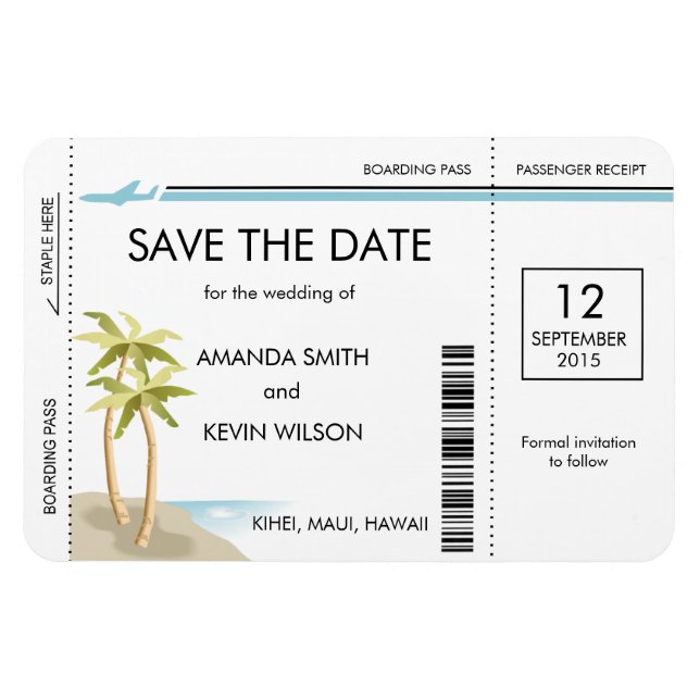 Palm Tree Boarding Pass Magnet Réservez la date (Horizontal)