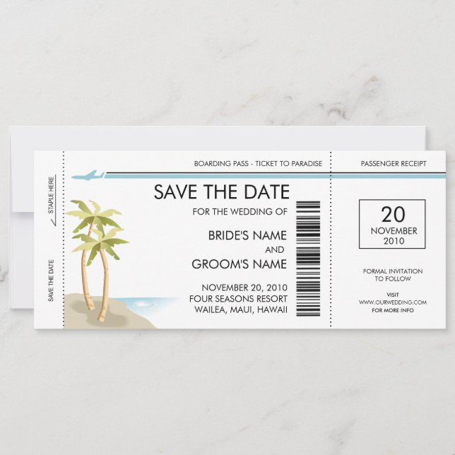 Palm Tree Boarding Pass Save the Date Einladungen (Vorderseite)
