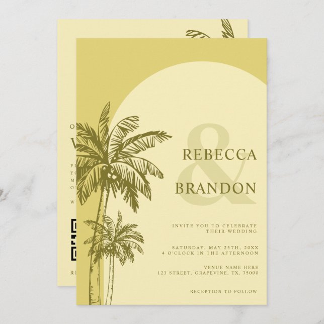 Palm Tree Boho Beach Yellow QR Code Wedding Einladung (Vorne/Hinten)