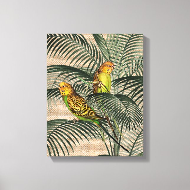 Palm Tree Budgerigar Parrot Rustikale hessische Le Leinwanddruck (Vorderseite)