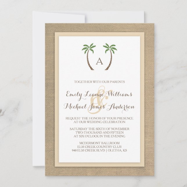 Palm Tree Burlap Beach Faire-part de mariage tropi (Devant)