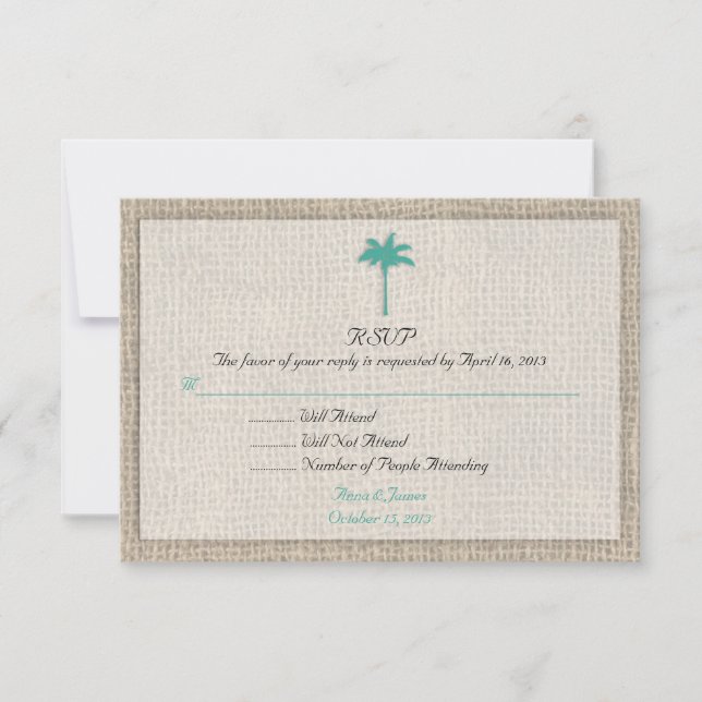 Palm Tree & Burlap Beach Wedding RSVP Turquoise (Devant)