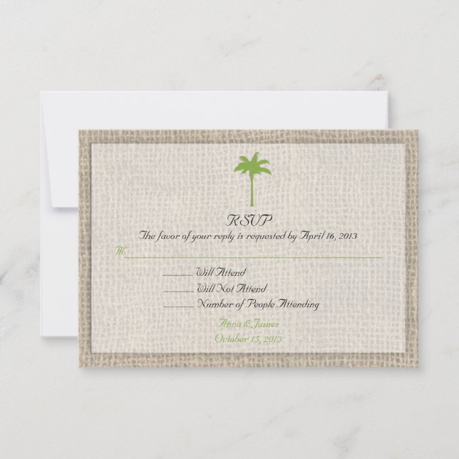 Palm Tree & Burlap Beach Wedding UAWG RSVP Karte (Vorderseite)