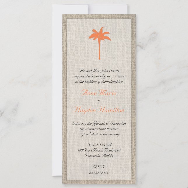 Palm Tree & Burlap Faire-part de mariage - Orange (Devant)