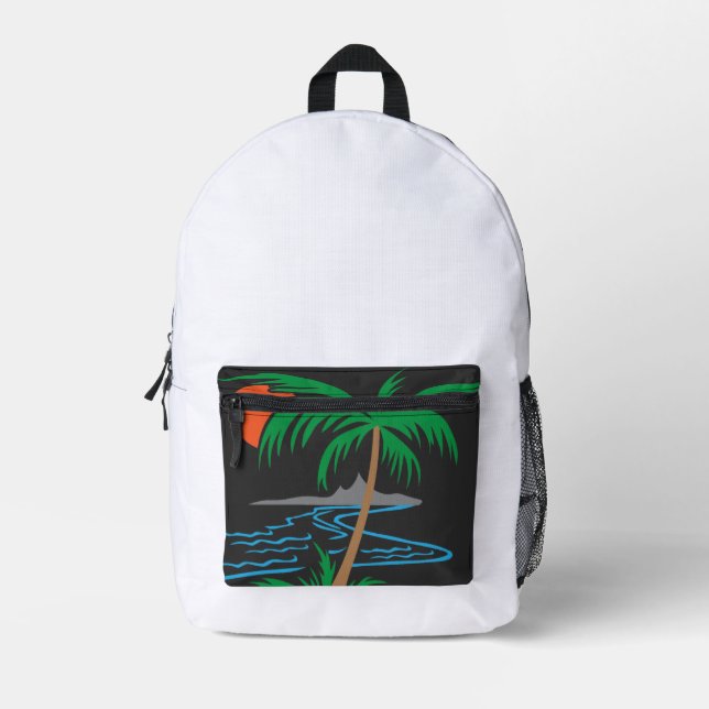 Palm Tree by the River | Tropical Sunset Art Bedruckter Rucksack (Vorderseite)