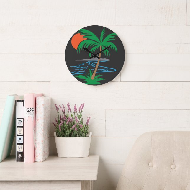 Palm Tree by the River | Tropical Sunset Art Große Wanduhr (Lesesaal)