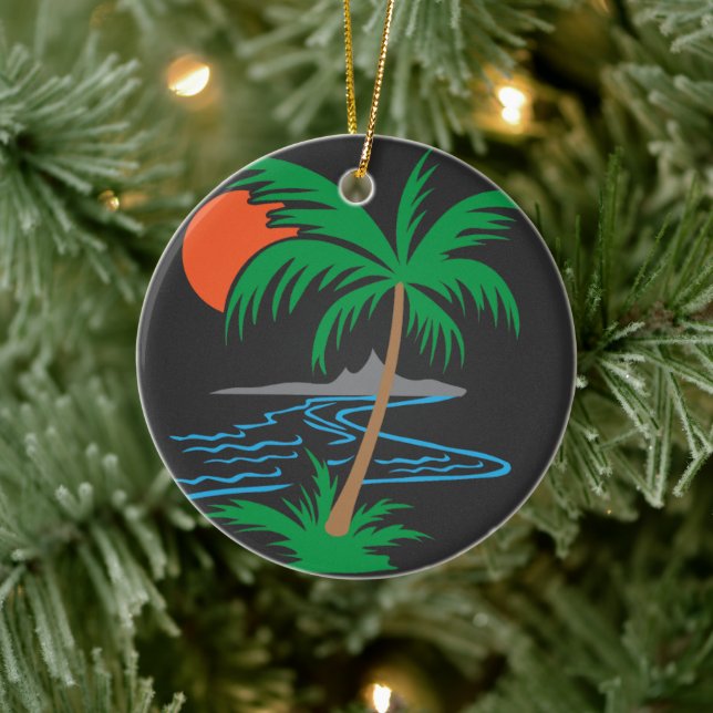 Palm Tree by the River | Tropical Sunset Art Keramik Ornament (Baum)