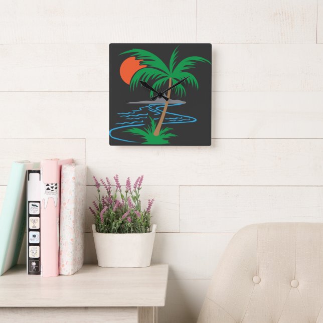 Palm Tree by the River | Tropical Sunset Art Quadratische Wanduhr (Lesesaal)