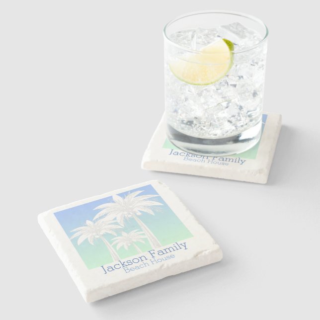 Palm Tree Coastal Blue Green Sky Ombre Name Steinuntersetzer (Seitenansicht)