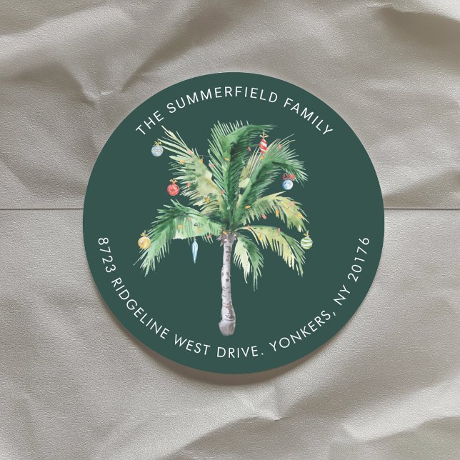 Palm Tree Coastal Christmas Return Address Runder Aufkleber (Palm Tree Coastal Christmas Return Address Classic Round Sticker)