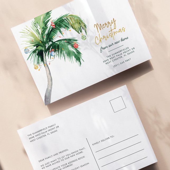 Palm Tree Coastal Weihnachtsfeiertage Moving Ankündigungspostkarte (Coastal Palm Tree Holidays Moving Announcement Postcard)