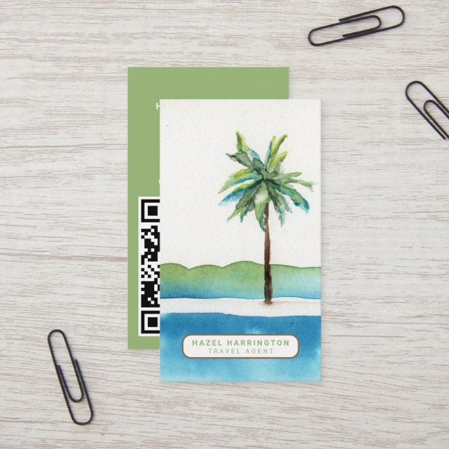 Palm Tree Custom QR Code Scannable Travel Agent Visitenkarte (Vorderseite/Rückseite Beispiel)