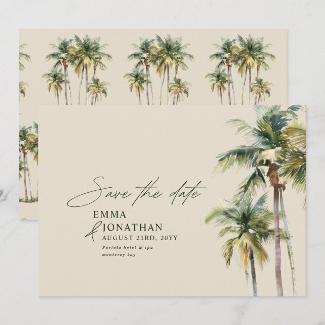 Palm Tree Destination Elegant Coastal Wedding Save The Date (Vorne/Hinten)