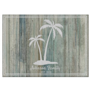 Palm Tree Familienname & Year Rustikaler Holzstran Schneidebrett