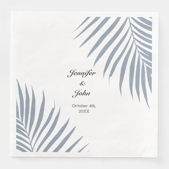 Palm Tree Foliage Dusty Blue Blätter Coole Hochzei Serviette (Vorderseite)