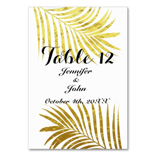 Palm Tree Foliage Gold Foil Blätter Hochzeiten Wei Tischnummer (Vorderseite)