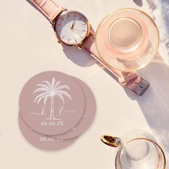 Palm Tree für kundenspezifische Monogramm-Hochzeit Runder Pappuntersetzer (Von Creator hochgeladen)