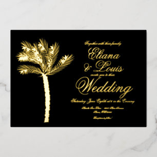 Palm Tree Gold Black Sommerhochzeit geprägt Folieneinladung