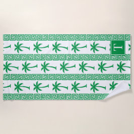 Palm Tree Greek Key Stripe – Green Coastal Preppy Strandtuch