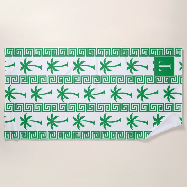 Palm Tree Greek Key Stripe – Green Coastal Preppy Strandtuch (Vorderseite)