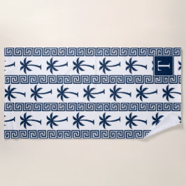 Palm Tree Greek Key Stripe – Navy Coastal Preppy Strandtuch